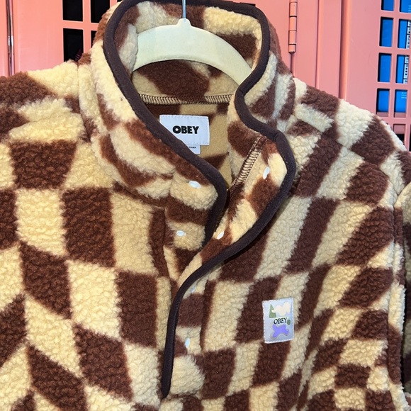 Women’s OBEY Wavy Check Popover fleece Jacket. Size Small. Brown / yello… - Picture 5 of 8